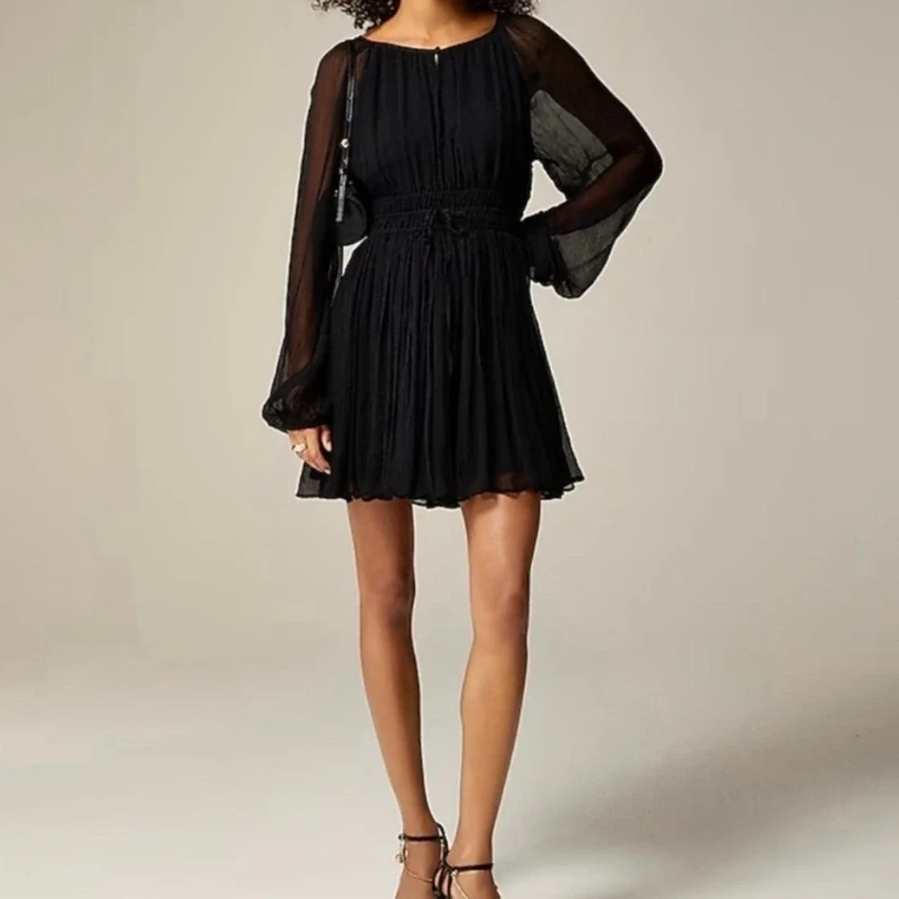 J.Crew Elena Long Sleeve Mini Dress Crinkle Chiffon Cupro Date LBD CF792 Black